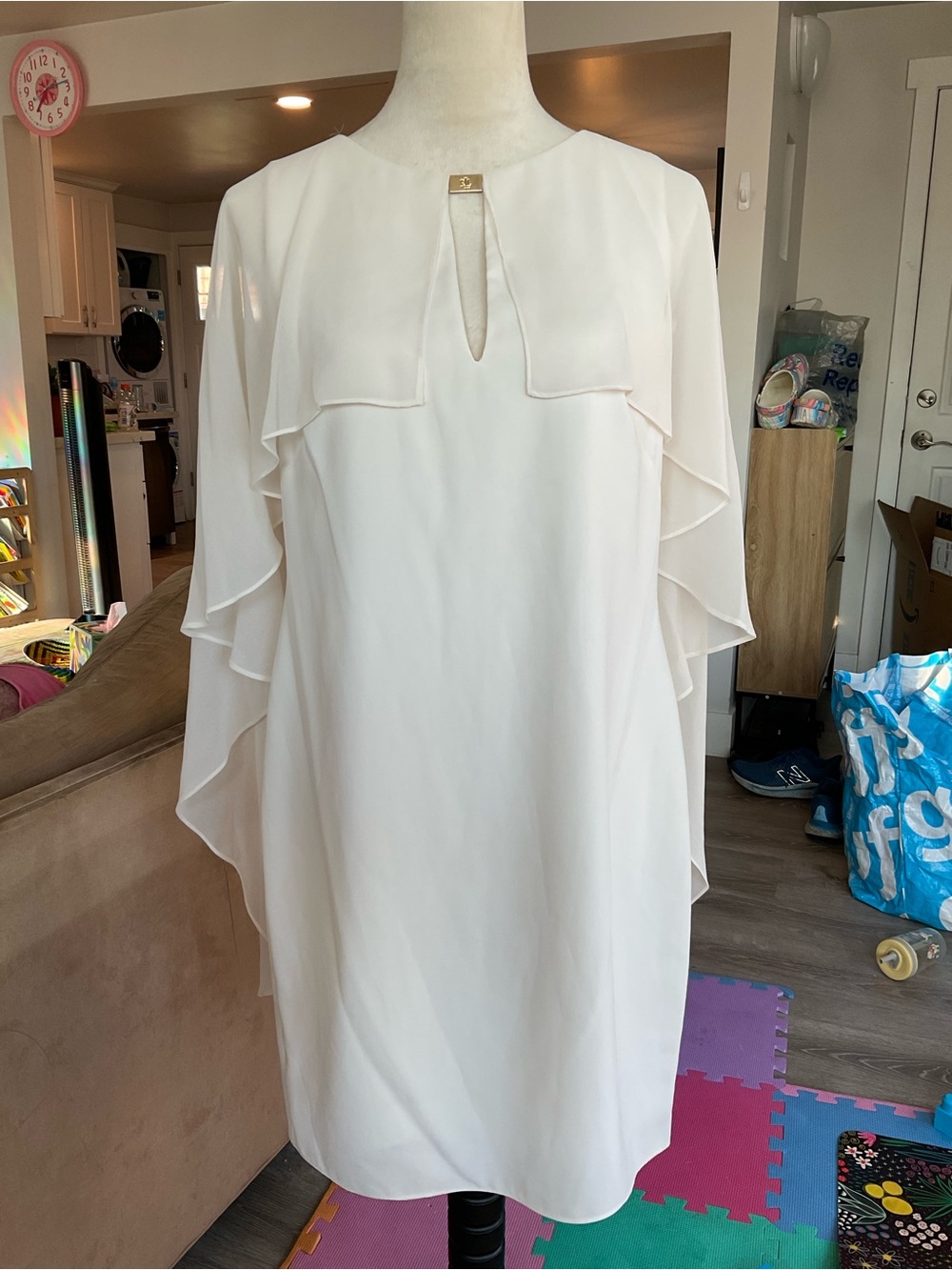 🤍Lauren Ralph Lauren Cape Georgette Cocktail Dress Cream Keyhole Sheath 8